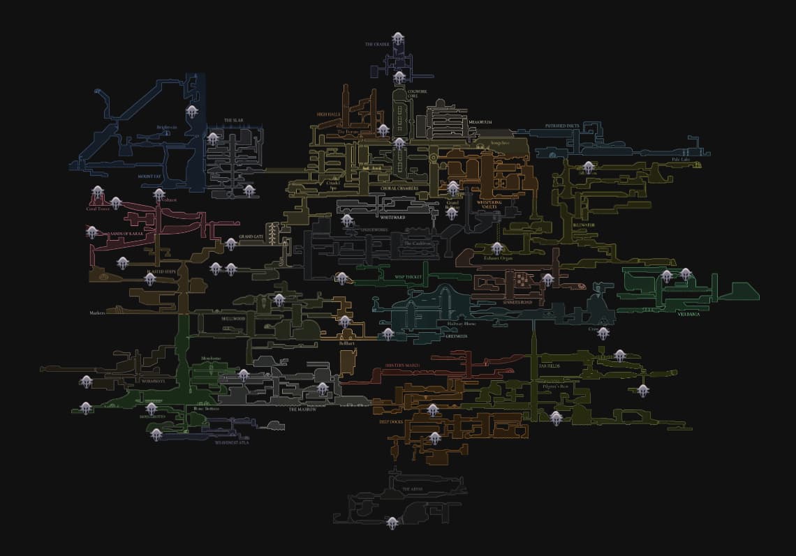 Bosses locations on Silksong map